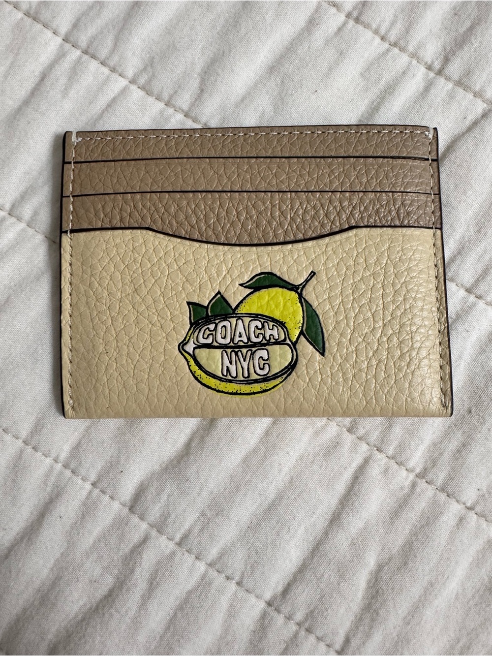 Coach Leather Card Case with Lemon Graphic in Beige and Taupe